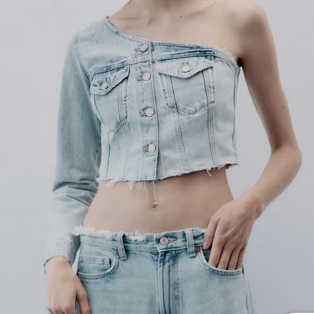 Zara Asymmetric Denim One Shoulder Long Sleeve Crop Top